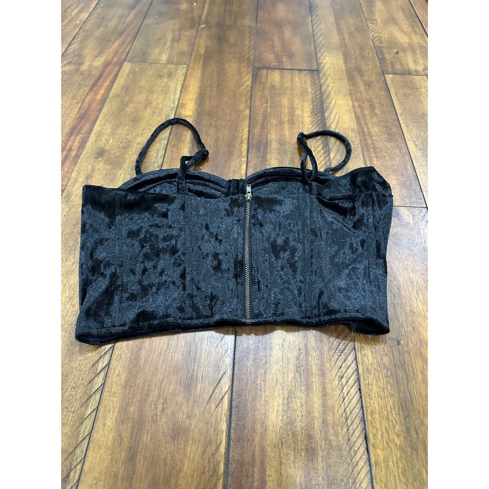 Love Crazy Corset Crop Top Womens Small Black Excellent Velvet Bustier Zip Back - Picture 7 of 8